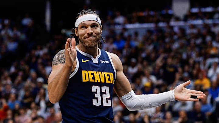 Apr 21, 2025; Denver, Colorado, USA; Denver Nuggets forward Aaron Gordon (32) reacts after a play in the third quarter against the Los Angeles Clippers during game two of first round for the 2025 NBA Playoffs at Ball Arena. Mandatory Credit: Isaiah J. Downing-Imagn Images