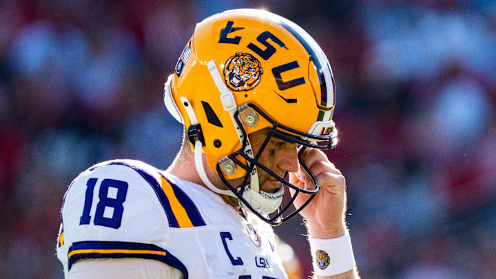 LSU quarterback Garrett Nussmeier (18) walks across the field during a college football game between Ole Miss and LSU at Vaught-Hemingway Stadium in Oxford, Miss., on Saturday, Sept. 27, 2025. Ole Miss defeated LSU 24-19.