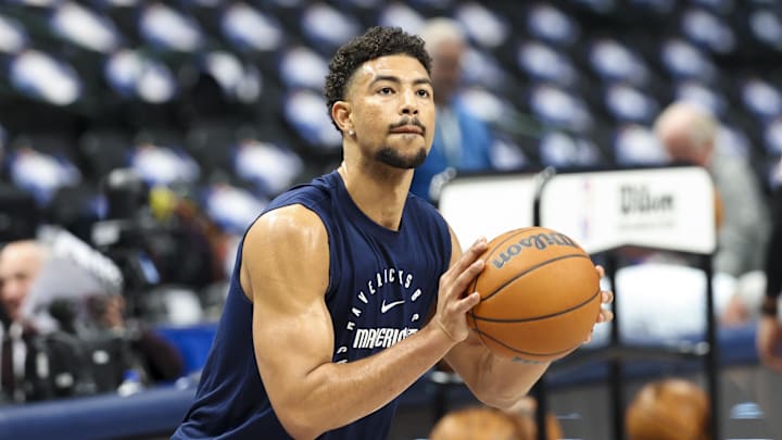 Jan 25, 2025; Dallas, Texas, USA;  Dallas Mavericks guard Quentin Grimes (5) warms up before the game against the Boston Celtics at American Airlines Center. Mandatory Credit: Kevin Jairaj-Imagn Images