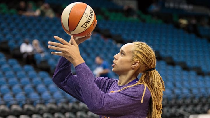 Jun 27, 2015; Minneapolis, MN, USA; Phoenix Mercury center Brittney Griner (42) warms up before the game against the Minnesota Lynx at Target Center. Mandatory Credit: Brad Rempel-Imagn Images