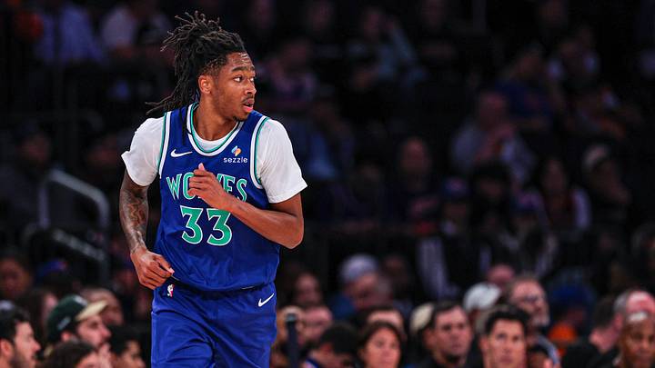 Oct 12, 2026; New York, New York, USA; Minnesota Timberwolves small forward Isaiah Evans (33) runs up court during the second half against the New York Knicks at Madison Square Garden.