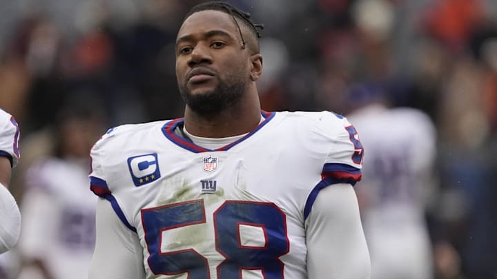 New York Giants linebacker Bobby Okereke leaves the field after losing to the Chicago Bears at Soldier Field.