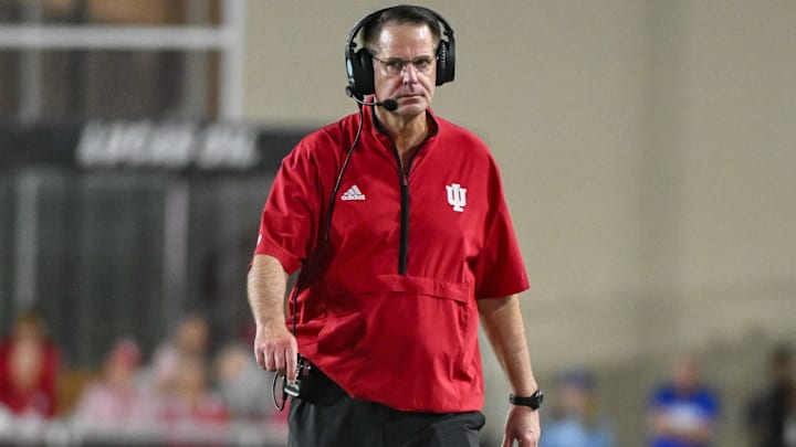 Sep 12, 2025; Bloomington, Indiana, USA; Indiana Hoosiers head coach Curt Cignetti walks along the sideline during the second half against the Indiana State Sycamores at Memorial Stadium. Mandatory Credit: Robert Goddin-Imagn Images Sep 12, 2025; Bloomington, Indiana, USA; Indiana Hoosiers head coach Curt Cignetti walks along the sideline during the second half against the Indiana State Sycamores at Memorial Stadium. Mandatory Credit: Robert Goddin-Imagn Images