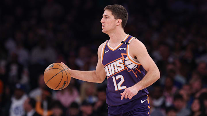 Apr 6, 2025; New York, New York, USA; Phoenix Suns guard Collin Gillespie (12) dribbles up court during the first half against the New York Knicks at Madison Square Garden. Mandatory Credit: Vincent Carchietta-Imagn Images Apr 6, 2025; New York, New York, USA; Phoenix Suns guard Collin Gillespie (12) dribbles up court during the first half against the New York Knicks at Madison Square Garden. Mandatory Credit: Vincent Carchietta-Imagn Images