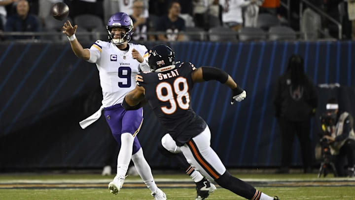 Montez Sweat gets after Vikings QB J.J. McCarthy but overall the Bears pass rush disappeared late in the game.