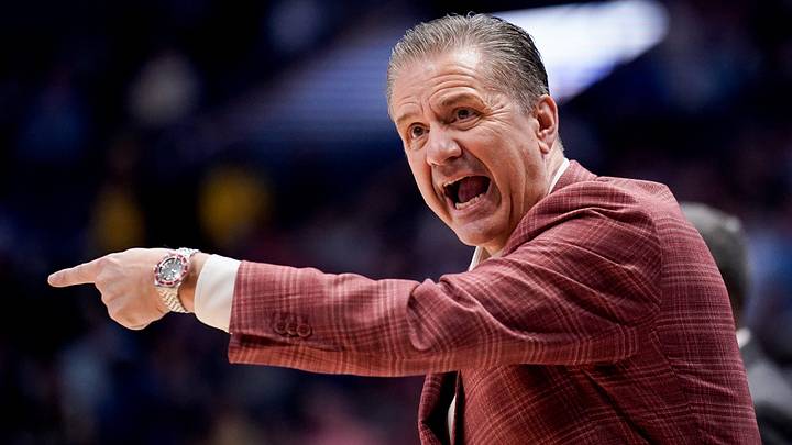 Arkansas coach John Calipari works with his team during the second half of a SEC tournament semifinal game against Mississippi at Bridgestone Arena in Nashville, Tenn., Saturday, March 14, 2026. Arkansas coach John Calipari works with his team during the second half of a SEC tournament semifinal game against Mississippi at Bridgestone Arena in Nashville, Tenn., Saturday, March 14, 2026.