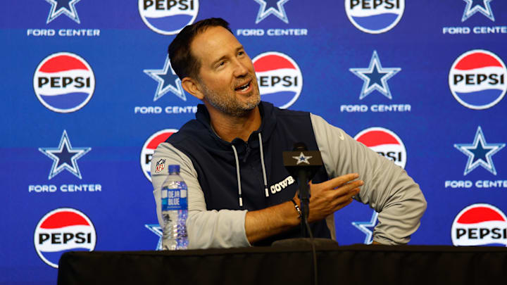 Dallas Cowboys head coach Brian Schottenheimer addresses the media before practice at the Ford Center at The Star.