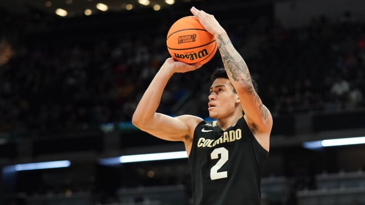 Mar 24, 2024; Indianapolis, IN, USA; Colorado Buffaloes guard KJ Simpson (2) shoots against the Marquette Golden Eagles during the first half at Gainbridge FieldHouse. Mandatory Credit: Robert Goddin-USA TODAY Sports Mar 24, 2024; Indianapolis, IN, USA; Colorado Buffaloes guard KJ Simpson (2) shoots against the Marquette Golden Eagles during the first half at Gainbridge FieldHouse. Mandatory Credit: Robert Goddin-USA TODAY Sports