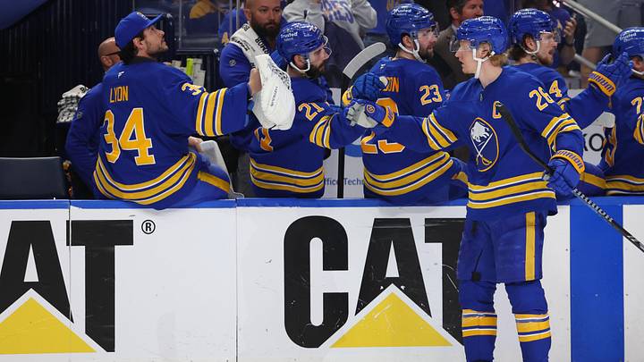 May 18, 2026; Buffalo, New York, USA; Buffalo Sabres defenseman Rasmus Dahlin (26) celebrates his goal with teammates during the third period against the Montréal Canadiens in game seven of the second round of the 2026 Stanley Cup Playoffs at KeyBank Center. Mandatory Credit: Timothy T. Ludwig-Imagn Images