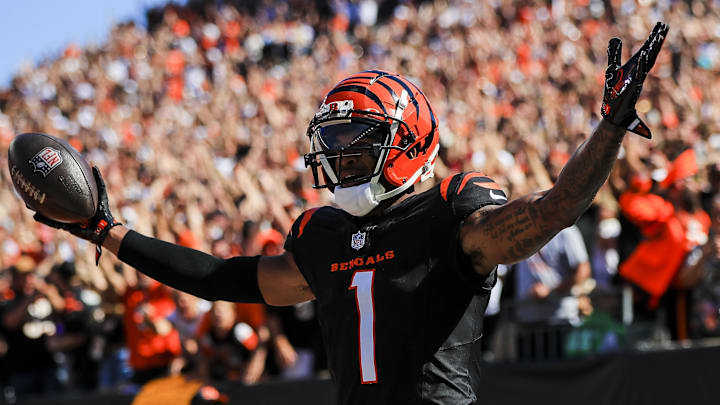 Cincinnati Bengals receiver Ja'Marr Chase celebrates a touchdown.