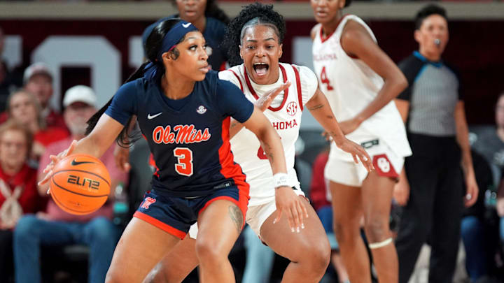 Oklahoma's Sahara Williams defends against Ole Miss.