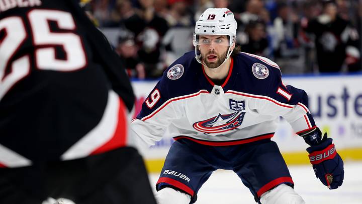Apr 9, 2026; Buffalo, New York, USA; Columbus Blue Jackets center Adam Fantilli (19) watches the puck during the third period against the Buffalo Sabres at KeyBank Center. Mandatory Credit: Timothy T. Ludwig-Imagn Images Apr 9, 2026; Buffalo, New York, USA; Columbus Blue Jackets center Adam Fantilli (19) watches the puck during the third period against the Buffalo Sabres at KeyBank Center. Mandatory Credit: Timothy T. Ludwig-Imagn Images