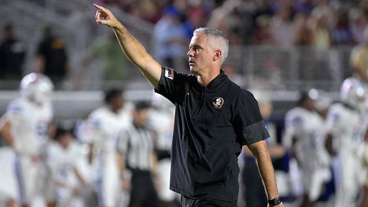 Sep 7, 2026; Tallahassee, Florida, USA; Florida State Seminoles head coach Mike Norvell reacts during the first half against the Southern Methodist Mustangs at Doak S. Campbell Stadium. Mandatory Credit: Melina Myers-Imagn Images Sep 7, 2026; Tallahassee, Florida, USA; Florida State Seminoles head coach Mike Norvell reacts during the first half against the Southern Methodist Mustangs at Doak S. Campbell Stadium. Mandatory Credit: Melina Myers-Imagn Images