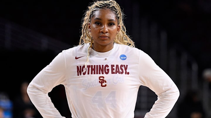 USC Trojans forward Kiki Iriafen during pregame warmups before an NCAA Tournament second round game against the Mississippi State Bulldogs at Galen Center.