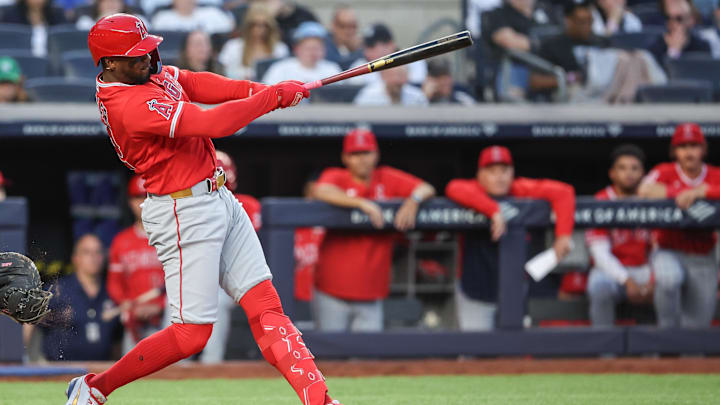Apr 14, 2026; Bronx, New York, USA; Los Angeles Angels designated hitter Jorge Soler (12) hits a solo home run in the first inning against the New York Yankees at Yankee Stadium. Mandatory Credit: Wendell Cruz-Imagn Images Apr 14, 2026; Bronx, New York, USA; Los Angeles Angels designated hitter Jorge Soler (12) hits a solo home run in the first inning against the New York Yankees at Yankee Stadium. Mandatory Credit: Wendell Cruz-Imagn Images