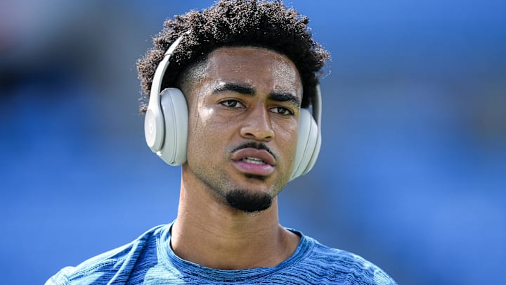 Sep 15, 2024; Charlotte, North Carolina, USA; Carolina Panthers quarterback Bryce Young (9) during pregame warm ups against the Los Angeles Chargers at Bank of America Stadium. Mandatory Credit: Jim Dedmon-Imagn Images