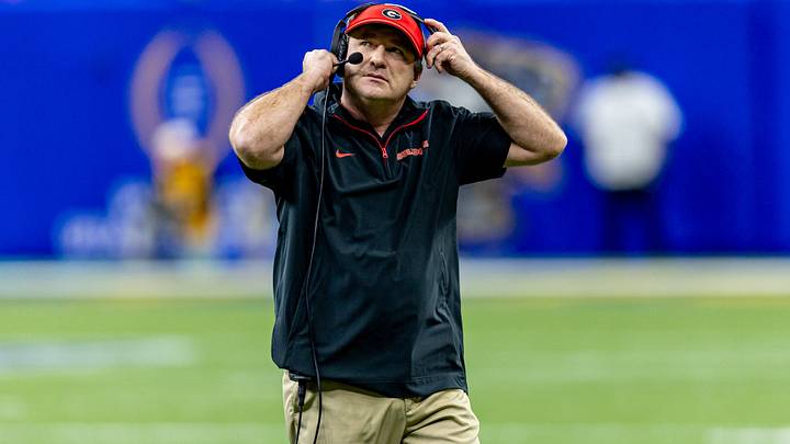 Jan 2, 2025; New Orleans, LA, USA; Georgia Bulldogs head coach Kirby Smart looks on against the Notre Dame Fighting Irish during the first half at Caesars Superdome. Mandatory Credit: Stephen Lew-Imagn Images Jan 2, 2025; New Orleans, LA, USA; Georgia Bulldogs head coach Kirby Smart looks on against the Notre Dame Fighting Irish during the first half at Caesars Superdome. Mandatory Credit: Stephen Lew-Imagn Images