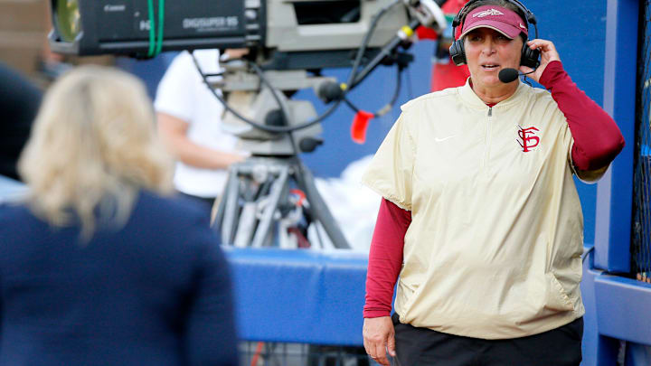 Florida State's Lonni Alameda is interviewed during Monday's game against Alabama in the Women's