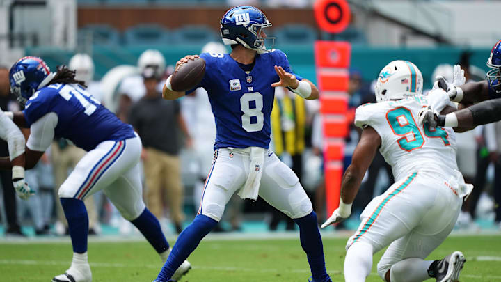 New York Giants quarterback Daniel Jones (8) attempts a pass agianst the Miami Dolphins during the first half at Hard Rock Stadium. New York Giants quarterback Daniel Jones (8) attempts a pass agianst the Miami Dolphins during the first half at Hard Rock Stadium.