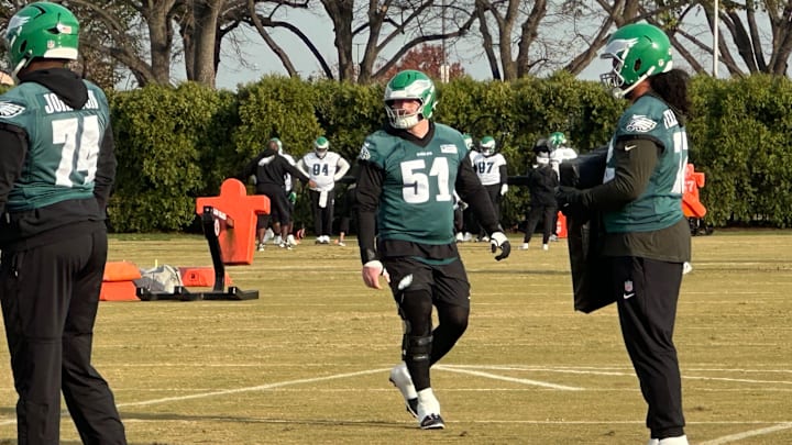 Eagles center Cam Jurgens at practice on Nov. 20, 2025.