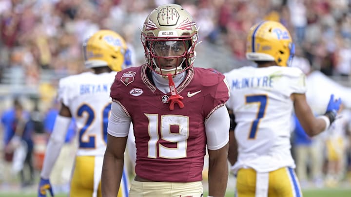 Oct 11, 2025; Tallahassee, Florida, USA; Florida State Seminoles wide receiver Micahi Danzy (19) after scoring a touchdown against the Pittsburgh Panthers in the fourth quarter at Doak S. Campbell Stadium. Mandatory Credit: Melina Myers-Imagn Images