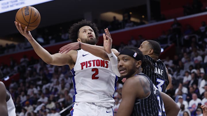 Apr 22, 2026; Detroit, Michigan, USA; Detroit Pistons guard Cade Cunningham (2) shoots in the second half against the Orlando Magic during game two of the first round of the 2026 NBA Playoffs at Little Caesars Arena. Mandatory Credit: Rick Osentoski-Imagn Images