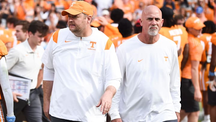 Tennessee football coach Josh Heupel, left, and secondary coach Willie Martinez walk off the field after the win over UT Martin in the NCAA college football game on Saturday, October 22, 2022 in Knoxville, Tenn.

Utvmartin1012
