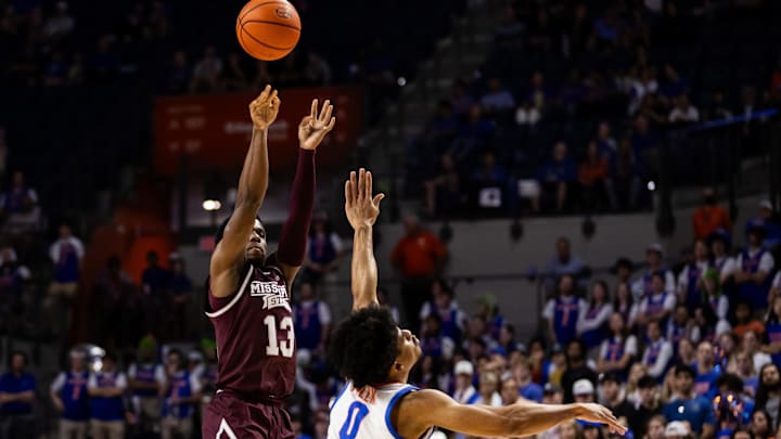 Jan 24, 2024; Gainesville, Florida, USA; Mississippi State Bulldogs guard Josh Hubbard (13) shoots
