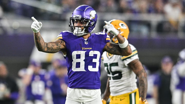 Dec 29, 2024; Minneapolis, Minnesota, USA; Minnesota Vikings wide receiver Jalen Nailor (83) reacts during the first quarter after a catch against the Green Bay Packers at U.S. Bank Stadium. Mandatory Credit: Jeffrey Becker-Imagn Images
