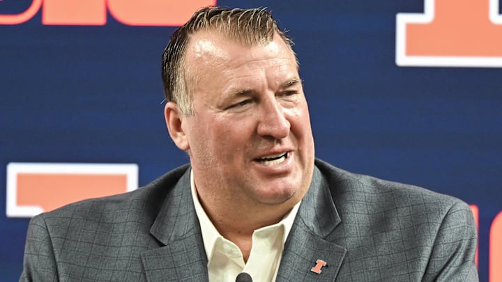 Jul 23, 2024; Indianapolis, IN, USA; Illinois Fighting Illini head coach Bret Bielema speaks to the media during the Big 10 football media day at Lucas Oil Stadium. Mandatory Credit: Robert Goddin-Imagn Images Jul 23, 2024; Indianapolis, IN, USA; Illinois Fighting Illini head coach Bret Bielema speaks to the media during the Big 10 football media day at Lucas Oil Stadium. Mandatory Credit: Robert Goddin-Imagn Images