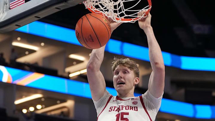 Mar 10, 2026; Charlotte, NC, USA; Stanford Cardinal forward Oskar Giltay (15) scores in the second half at Spectrum Center. Mandatory Credit: Bob Donnan-Imagn Images Mar 10, 2026; Charlotte, NC, USA; Stanford Cardinal forward Oskar Giltay (15) scores in the second half at Spectrum Center. Mandatory Credit: Bob Donnan-Imagn Images