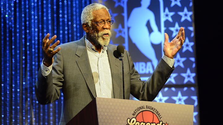 Feb 16, 2014; New Orleans, LA, USA; NBA legend Bill Russell speaks during a special tribute to him during the 2014 NBA All-Star Game Legends Brunch at Ernest N. Morial Convention Center. Mandatory Credit: Bob Donnan-USA TODAY Sports