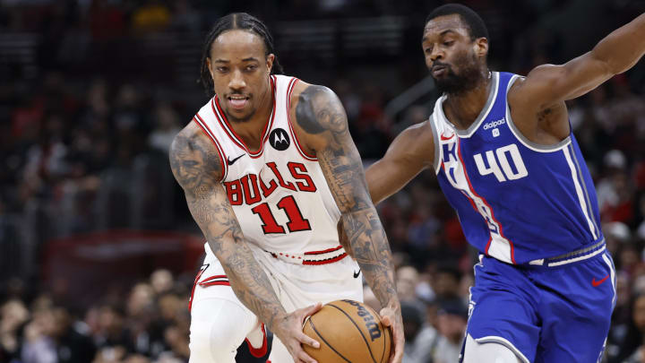 Feb 3, 2024; Chicago, Illinois, USA; Chicago Bulls forward DeMar DeRozan (11) drives to the basket against the Sacramento Kings during the first half at United Center. Mandatory Credit: Kamil Krzaczynski-USA TODAY Sports
