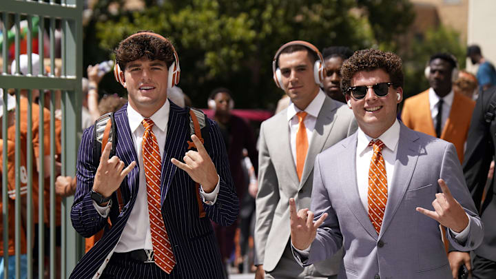 Sep 2, 2023; Austin, Texas, USA; Texas Longhorns punter Ian Ratliff (left) and kicker Will Stone (right) hold up their horns when arriving at Darrell K Royal-Texas Memorial Stadium before a game against the Rice Owls. Mandatory Credit: Scott Wachter-Imagn Images Sep 2, 2023; Austin, Texas, USA; Texas Longhorns punter Ian Ratliff (left) and kicker Will Stone (right) hold up their horns when arriving at Darrell K Royal-Texas Memorial Stadium before a game against the Rice Owls. Mandatory Credit: Scott Wachter-Imagn Images