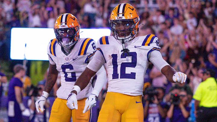 LSU Tigers wide receiver Barion Brown (6) celebrates a touchdown with wide receiver Kyle Parker (12) against the South Carolina Gamecocks during the second half at Tiger Stadium. LSU Tigers wide receiver Barion Brown (6) celebrates a touchdown with wide receiver Kyle Parker (12) against the South Carolina Gamecocks during the second half at Tiger Stadium.