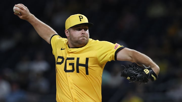 Aug 23, 2024; Pittsburgh, Pennsylvania, USA;  Pittsburgh Pirates relief pitcher David Bednar (51) pitches against the Cincinnati Reds during the ninth inning at PNC Park. Pittsburgh won 6-5. Mandatory Credit: Charles LeClaire-Imagn Images