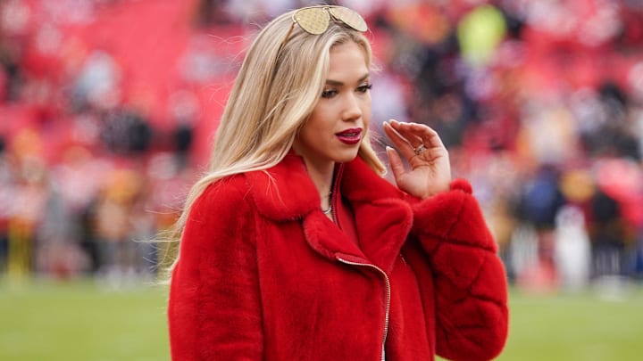 Gracie Hunt on field prior to a game between the Kansas City Chiefs and Las Vegas Raiders at GEHA Field at Arrowhead Stadium.