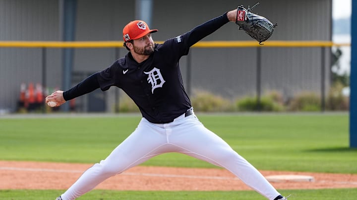 Detroit Tigers pitcher Casey Mize throws live batting practice during spring training at TigerTown in Lakeland, Fla. on Wednesday, Feb. 19, 2025.