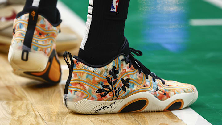 Feb 28, 2025; Boston, Massachusetts, USA; The Jordan Brand shoes of Boston Celtics forward Jayson Tatum (0) are seen during the second half against the Cleveland Cavaliers at TD Garden.