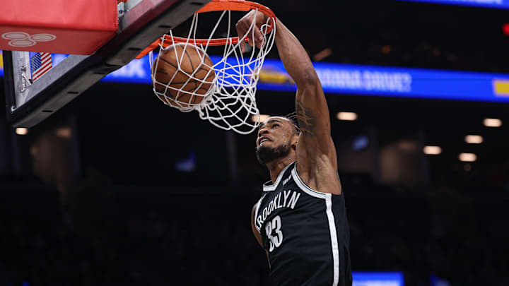 Dec 6, 2025; Brooklyn, New York, USA; Brooklyn Nets center Nic Claxton (33) goes up for a dunk during the second half against the New Orleans Pelicans at Barclays Center. Mandatory Credit: Vincent Carchietta-Imagn Images