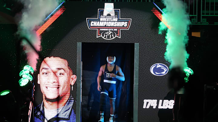 Penn State wrestler Carter Starocci enters the arena at the 2024 NCAA Wrestling Championships. 