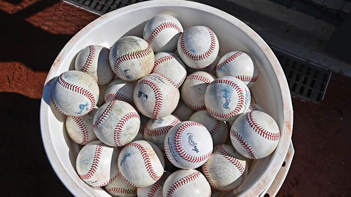 Apr 6, 2024; Kansas City, Missouri, USA;  A general view of a bucket of baseballs prior to a game between the Kansas City Royals and Chicago White Sox at Kauffman Stadium. Mandatory Credit: Peter Aiken-Imagn Images