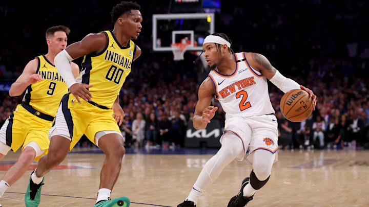 May 21, 2025; New York, New York, USA; New York Knicks guard Miles McBride (2) controls the ball against Indiana Pacers guard Bennedict Mathurin (00) in the third quarter during game one of the eastern conference finals for the 2025 NBA Playoffs at Madison Square Garden. Mandatory Credit: Brad Penner-Imagn Images May 21, 2025; New York, New York, USA; New York Knicks guard Miles McBride (2) controls the ball against Indiana Pacers guard Bennedict Mathurin (00) in the third quarter during game one of the eastern conference finals for the 2025 NBA Playoffs at Madison Square Garden. Mandatory Credit: Brad Penner-Imagn Images