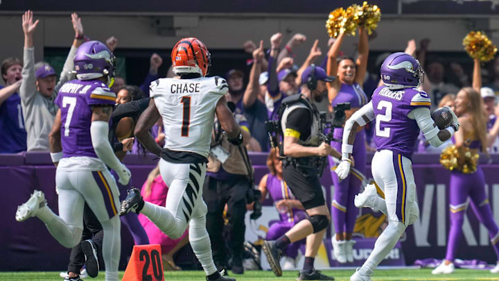Minnesota Vikings cornerback Isaiah Rodgers (2) runs back an interception for a touchdown in the first quarter of the NFL Week 3 game between the Minnesota Vikings and the Cincinnati Bengals at U.S. Bank Stadium in Minneapolis on Sunday, Sept. 21, 2025. Minnesota Vikings cornerback Isaiah Rodgers (2) runs back an interception for a touchdown in the first quarter of the NFL Week 3 game between the Minnesota Vikings and the Cincinnati Bengals at U.S. Bank Stadium in Minneapolis on Sunday, Sept. 21, 2025.