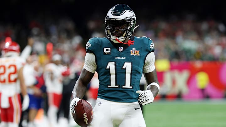 Philadelphia Eagles wide receiver A.J. Brown (11) reacts after making a catch against the Kansas City Chiefs during the first half of Super Bowl LIX at Caesars Superdome. Philadelphia Eagles wide receiver A.J. Brown (11) reacts after making a catch against the Kansas City Chiefs during the first half of Super Bowl LIX at Caesars Superdome.