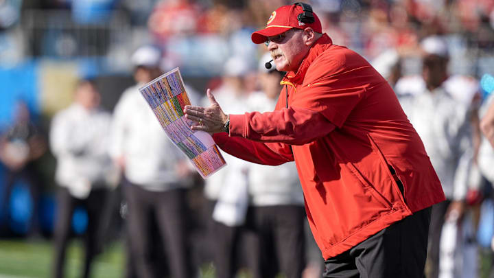 Nov 24, 2024; Charlotte, North Carolina, USA;  Kansas City Chiefs head coach Andy Reid yells out to his offense during the second quarter against the Carolina Panthers at Bank of America Stadium. Mandatory Credit: Jim Dedmon-Imagn Images