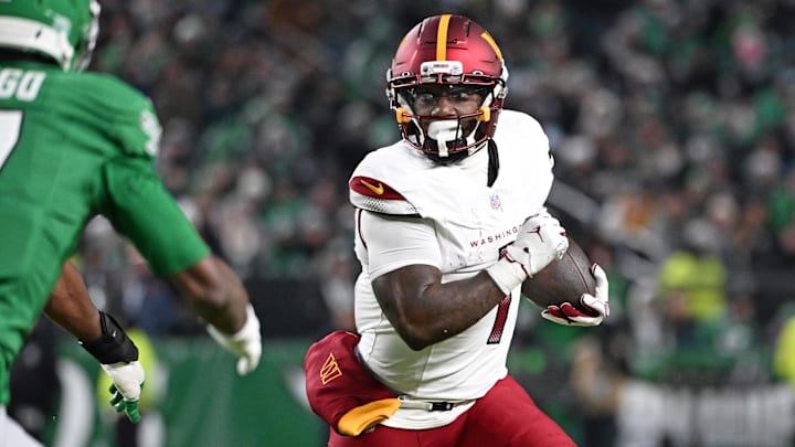 Jan 4, 2026; Philadelphia, Pennsylvania, USA;  Washington Commanders wide receiver Deebo Samuel (1) against the Philadelphia Eagles at Lincoln Financial Field. Mandatory Credit: Eric Hartline-Imagn Images