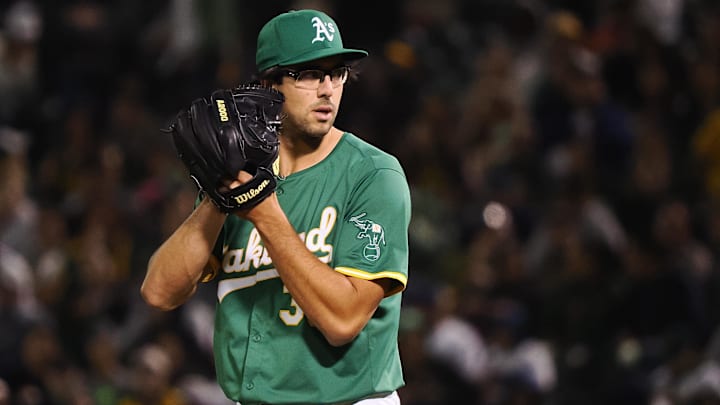 Sep 25, 2024; Oakland, California, USA; Oakland Athletics relief pitcher Joe Boyle (35) pitches the ball against the Texas Rangers during the fourth inning at Oakland-Alameda County Coliseum. Mandatory Credit: Kelley L Cox-Imagn Images