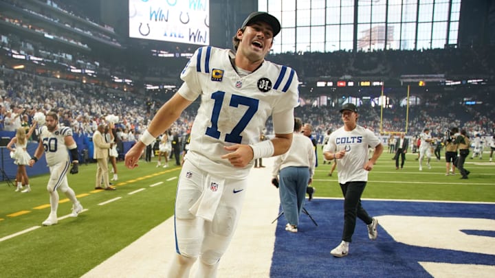 Sep 14, 2025; Indianapolis, Indiana, USA; Indianapolis Colts quarterback Daniel Jones (17) celebrates the win against the Denver Broncos at Lucas Oil Stadium. 