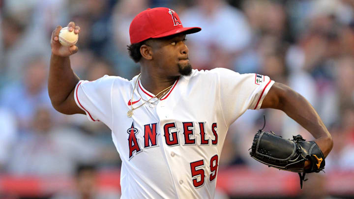 Los Angeles Angels pitcher Jose Soriano (59) delivers Los Angeles Angels pitcher Jose Soriano (59) delivers